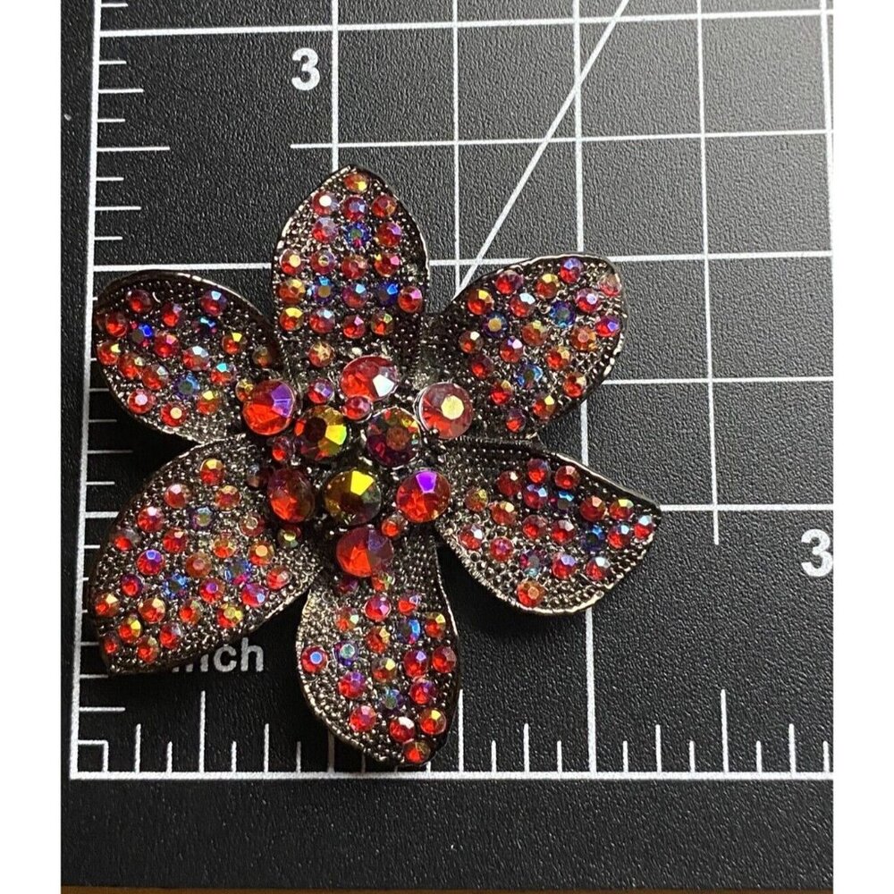 Sparkling Vintage Brooch Japanned Flower Pin AB Red Rhinestones Boho - Picture 8 of 8